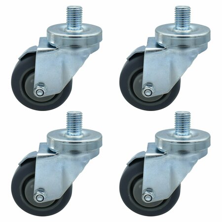 Bk Resources 3-inch Threaded Stem Casters, Gray Rubber Wheels, Top Lock Brake, 300lb Capacity, 4PK 3SBR-6ST-GR-PS4